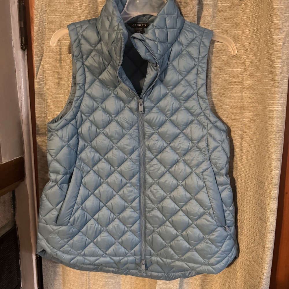 Womens Large Athleta Whisper Featherless Blue Quilted Puffer Vest Drawstring
